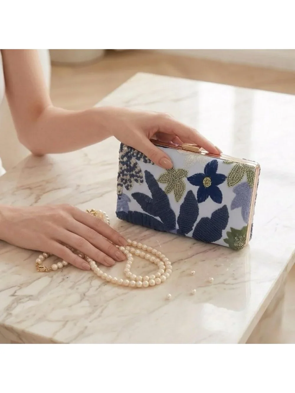 Floral Sequin Beaded Clutch Purse - Hard Shell Evening Bag for Weddings
